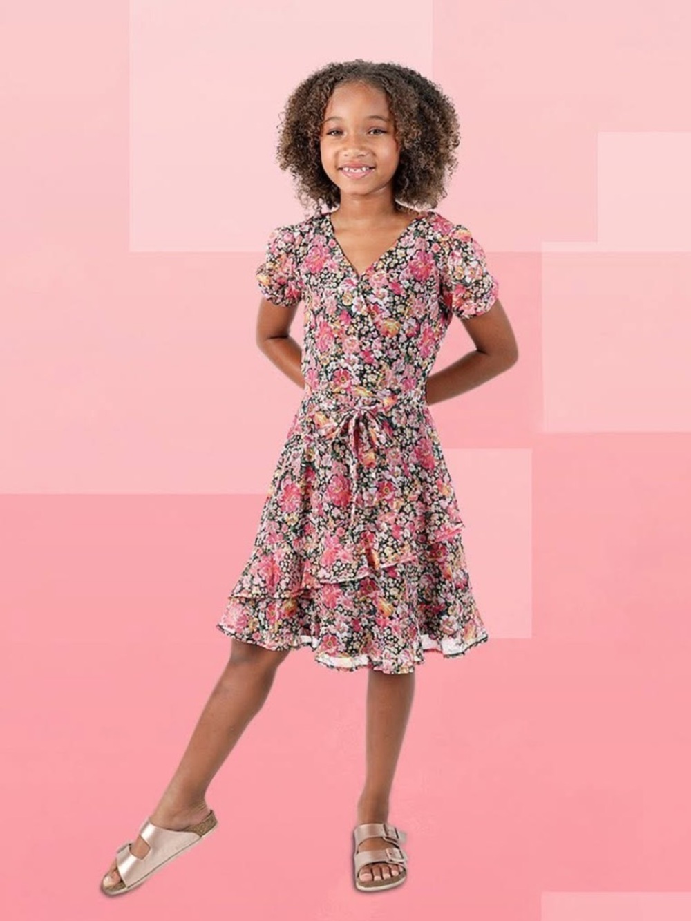 Blush by Us Angels Pink Floral Tie-Waist Ruffle Dress